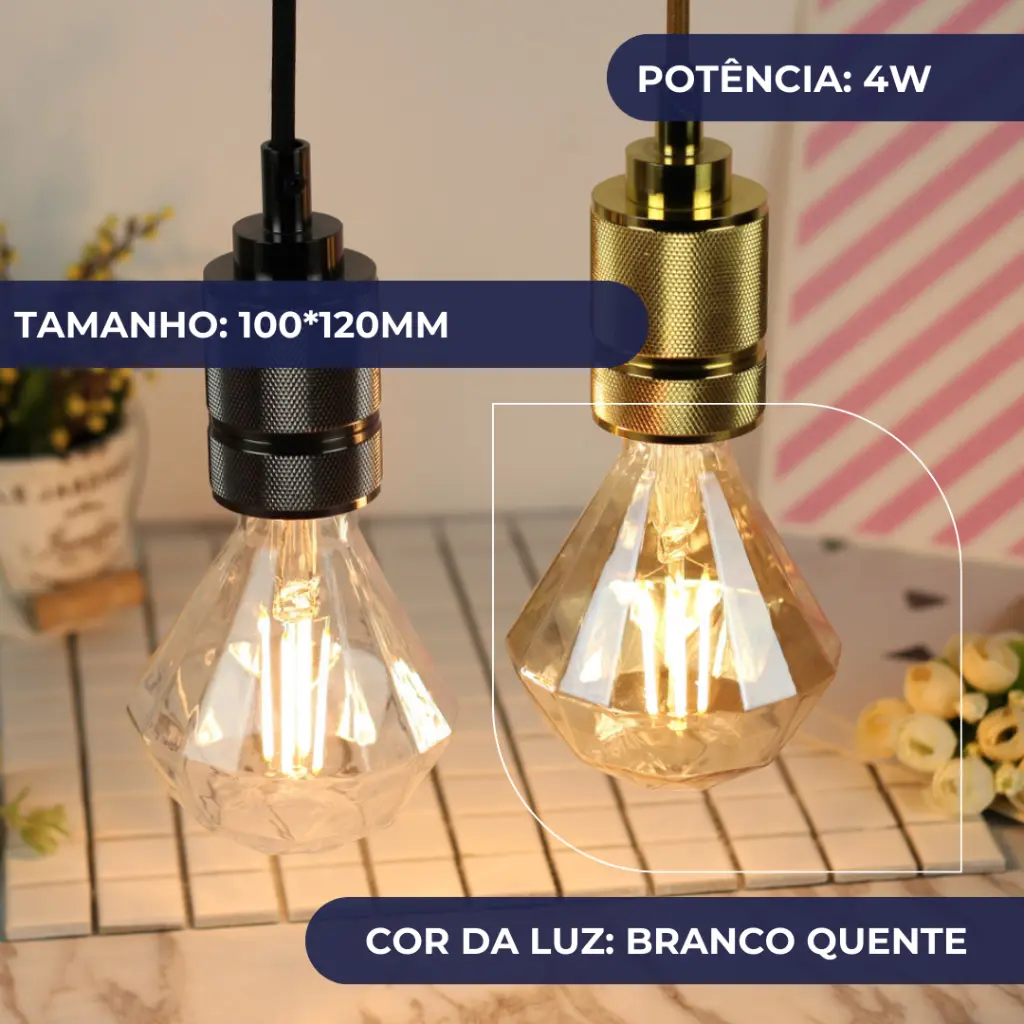 Lâmpada Filamento LED Diamante G95D 4W Base E27 LUZ QUENTE